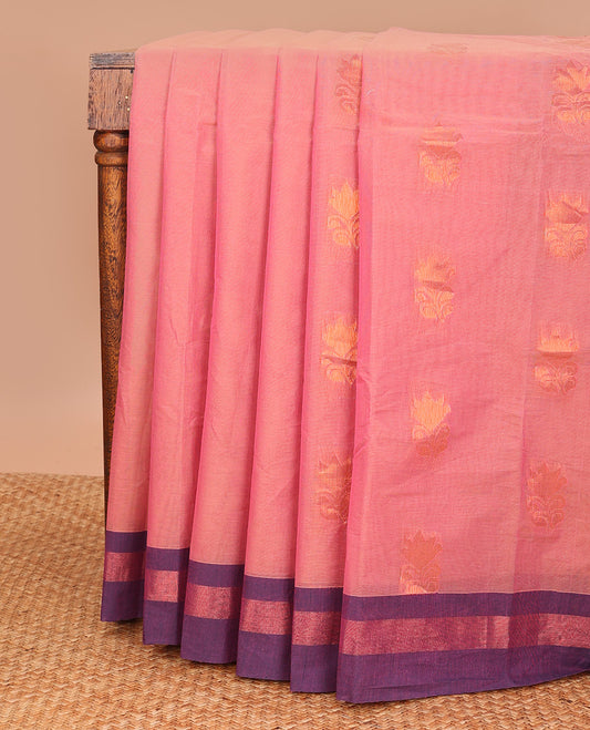Pink floral zari buttas kanchi cotton saree, contrast border, and floral-paisley woven pallu