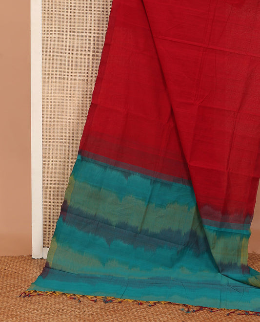 Borderless red plain design Mangalagiri Cotton saree, contrast abstract dyed pallu, and blouse