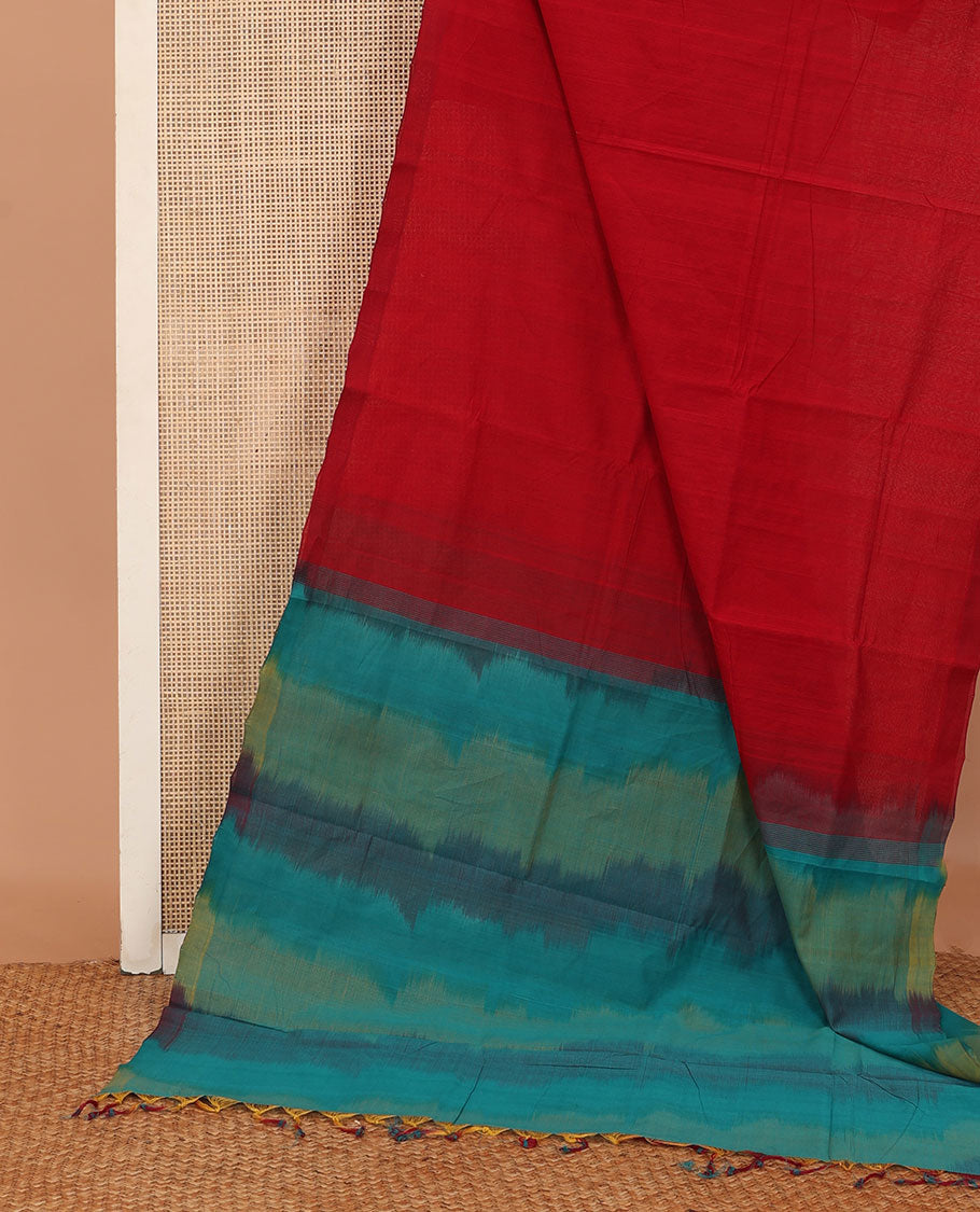Borderless red plain design Mangalagiri Cotton saree, contrast abstract dyed pallu, and blouse