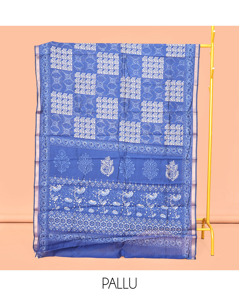 Green Mul Mul Cotton Saree, Elevated with Floral-Geometric Print, a Subtle Border, a Geometric-Printed Pallu, and a Matching Blouse