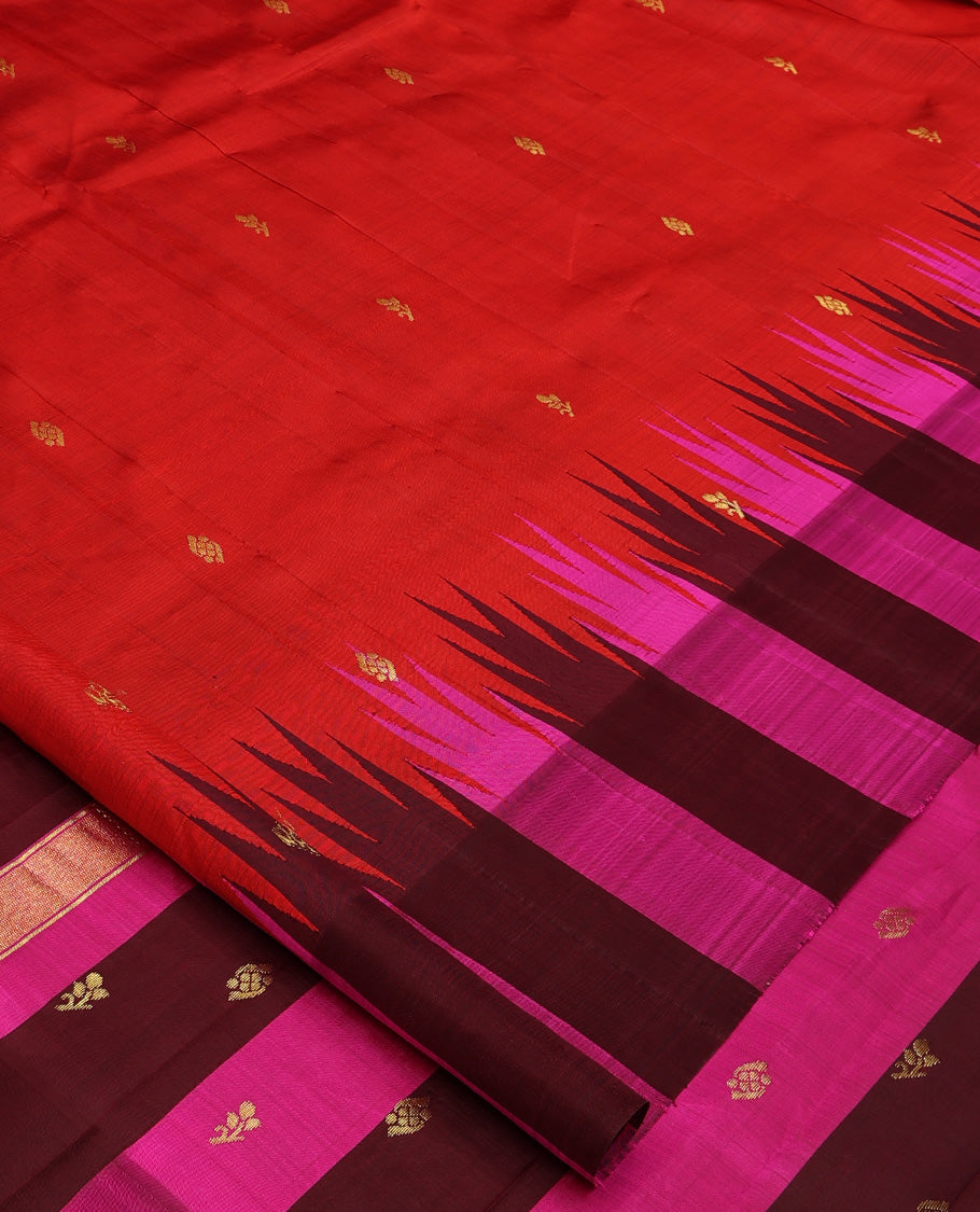 Red zari buttas Kanchipuram silk saree, contrast thazampoo rekku dual colored border of floral buttas, and zari woven pallu