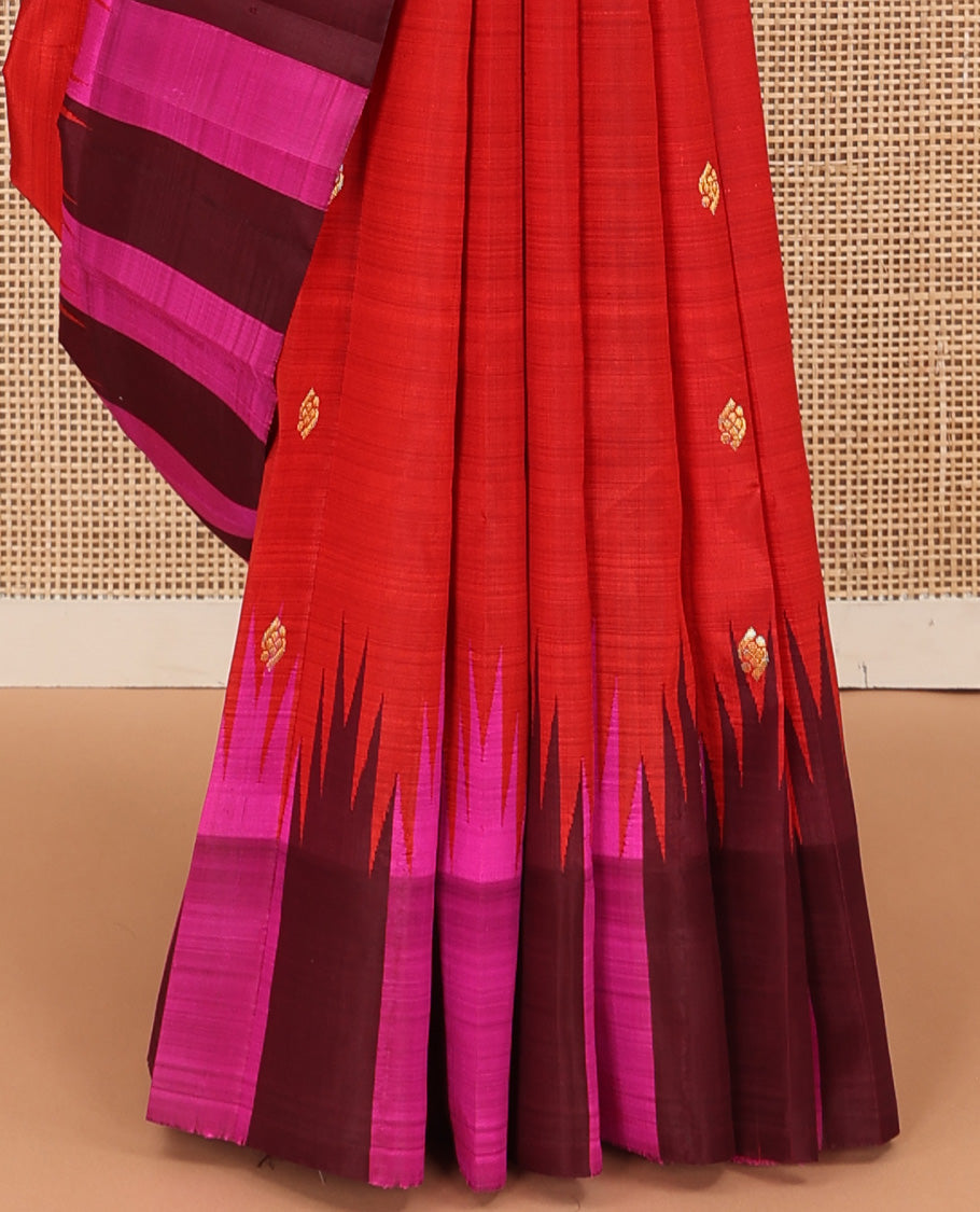 Red zari buttas Kanchipuram silk saree, contrast thazampoo rekku dual colored border of floral buttas, and zari woven pallu