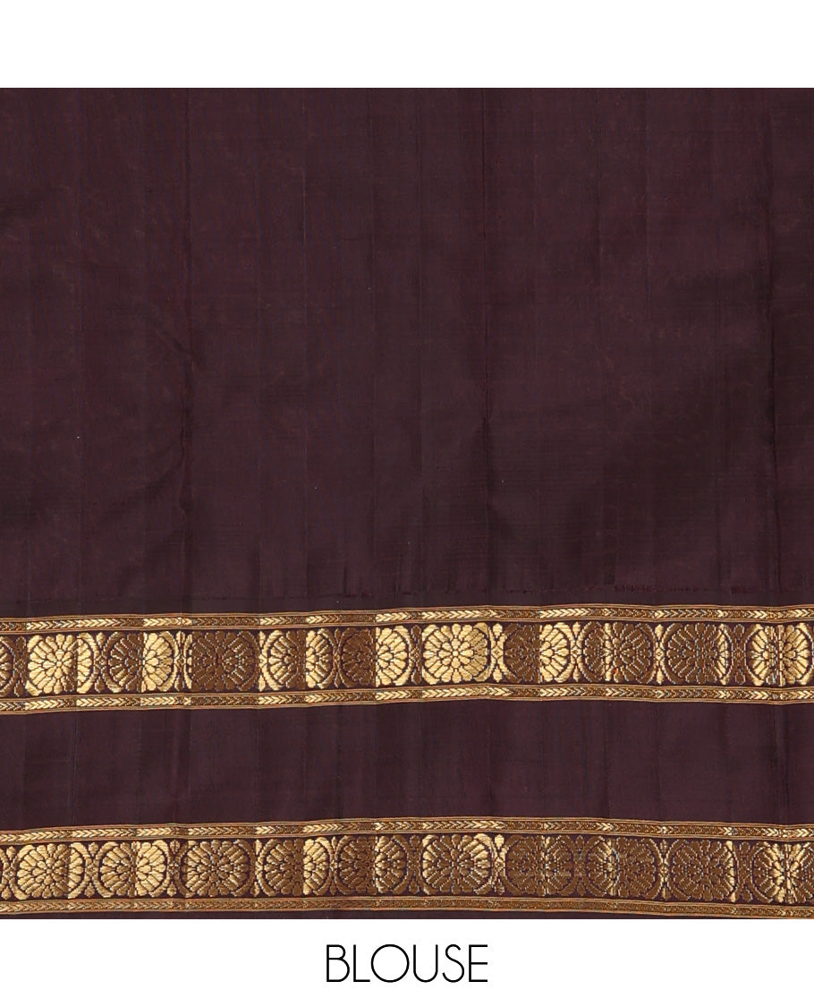 Mustard striped with chakram motifs Kanchipuram silk saree, contrast rettai pettu zari border of kathir, and poo chakram designs