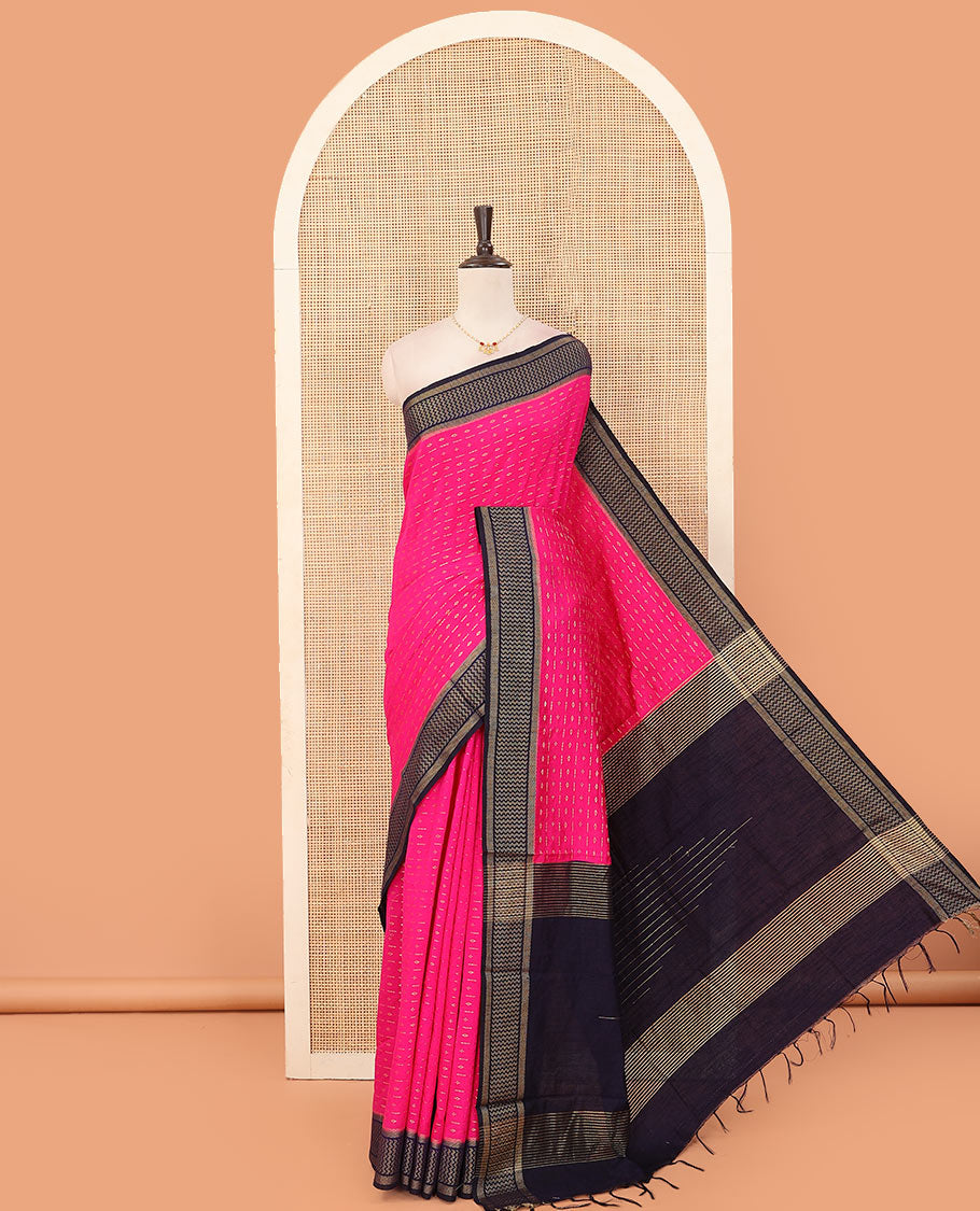 Pink zari buttas art dupion saree, contrast chevron design border, and pallu of diamond pattern in sequins stripes