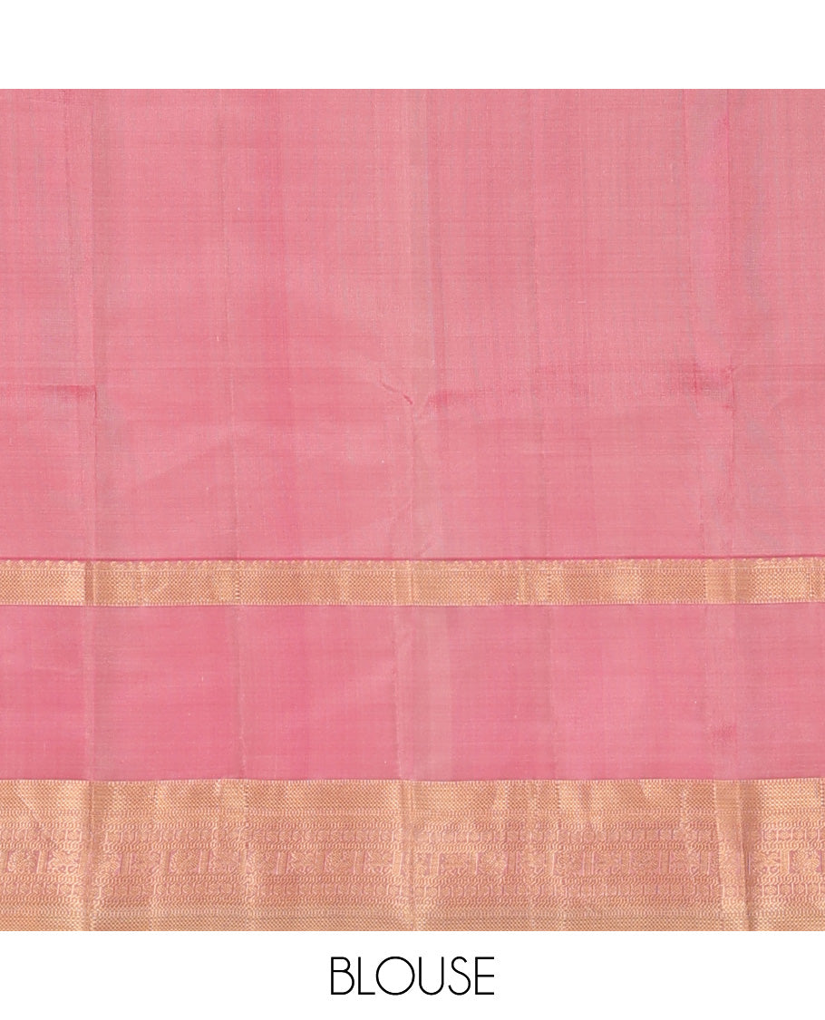 Tea green plain Kanchipuram silk saree, contrast rettai pettu border of muthu, kathir, kuyil kann,rudraksham, mayil, and kuthirai designs, and mayil kann pallu