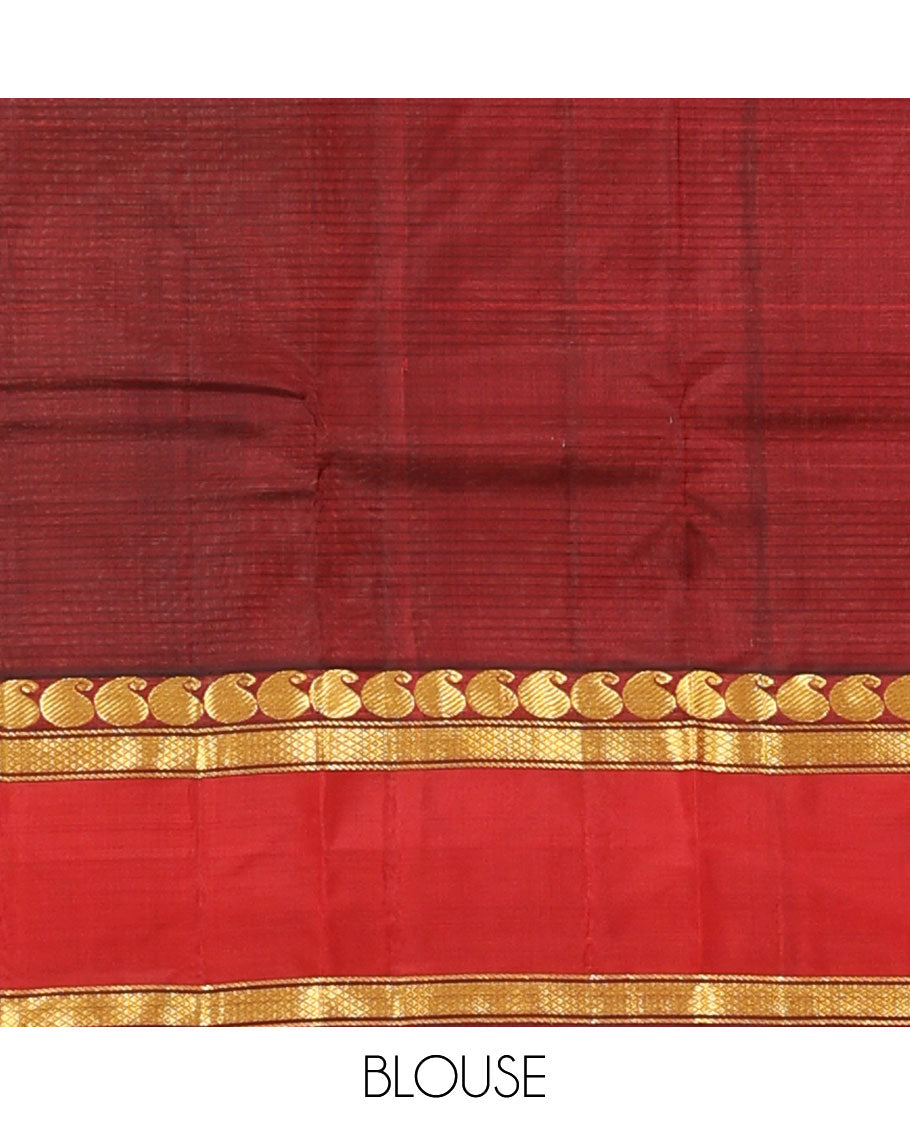Orange striped Kanchipuram silk saree, contrast rettai pettu border of manga and mayil kann designs, and zari striped pallu
