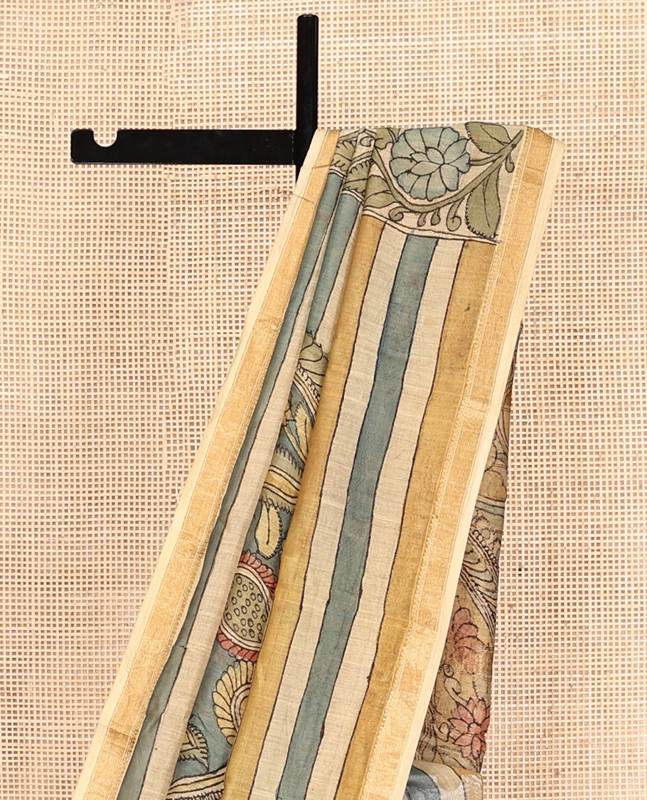 Blue-Sandal Peacock Pen Kalamkari Silk Saree, a Zari Border, Peacock Pallu, a Matching Blouse