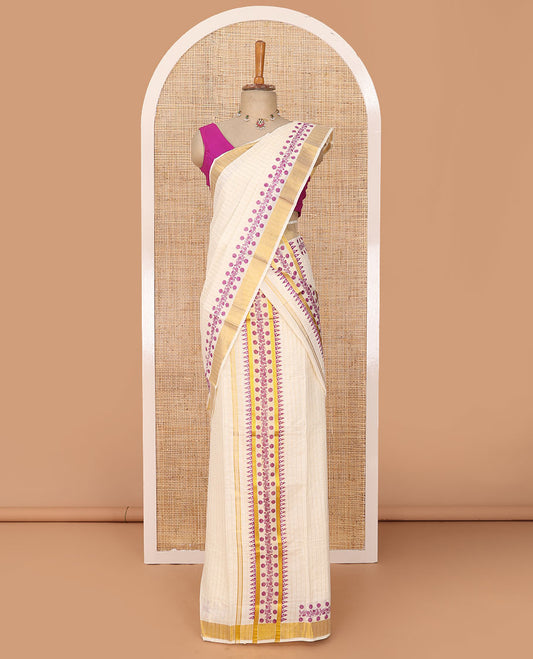 Cream checked & floral printed Kerala mundu set with golden  zari border