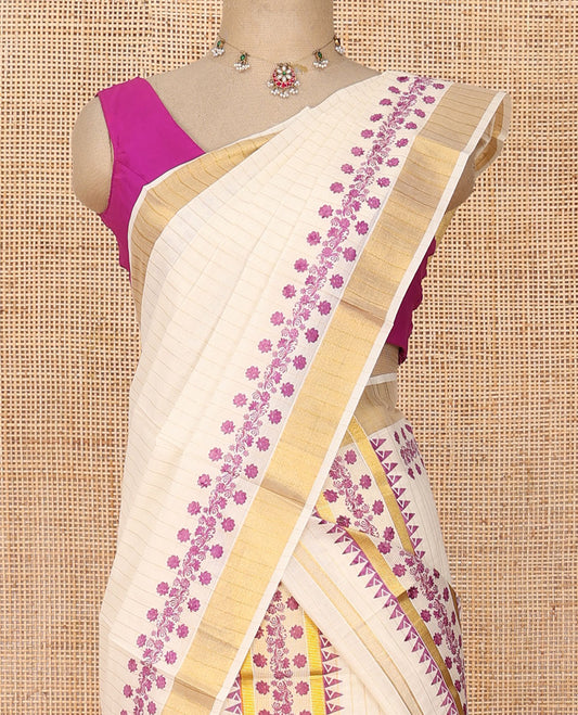 Cream checked & floral printed Kerala mundu set with golden  zari border