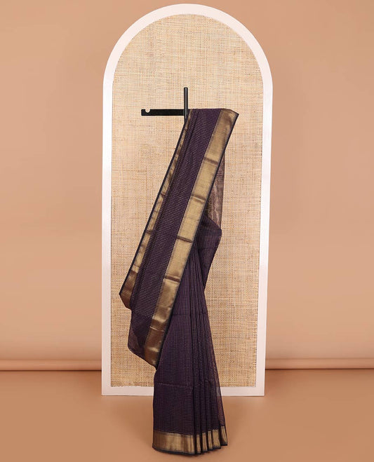 Violet checked maheshwari cotton saree with self zari design border & striped pallu
