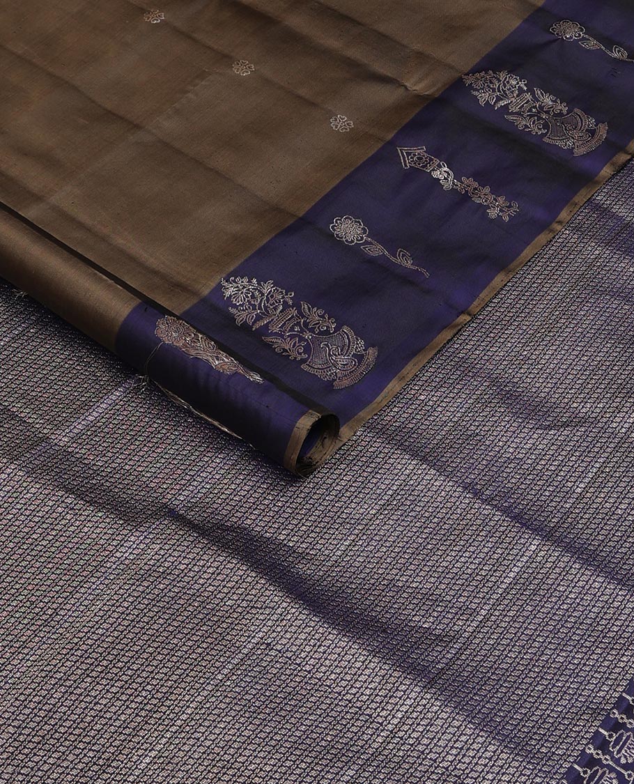 Brown zari buttas soft silk saree , contrast Mughal-style motifs woven zari border & geometric patterned pallu