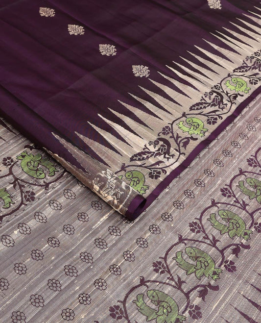 Purple buttas woven soft silk saree, temple border of kodi visiry and mayil designs, and pallu of floral and kodi mayil designs