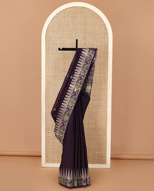 Purple buttas woven soft silk saree, temple border of kodi visiry and mayil designs, and pallu of floral and kodi mayil designs