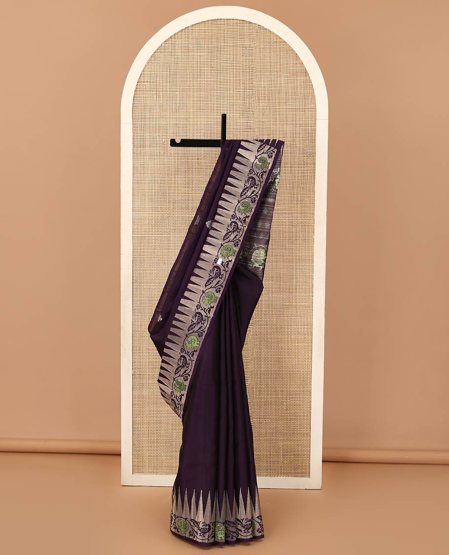 Purple buttas woven soft silk saree, temple border of kodi visiry and mayil designs, and pallu of floral and kodi mayil designs