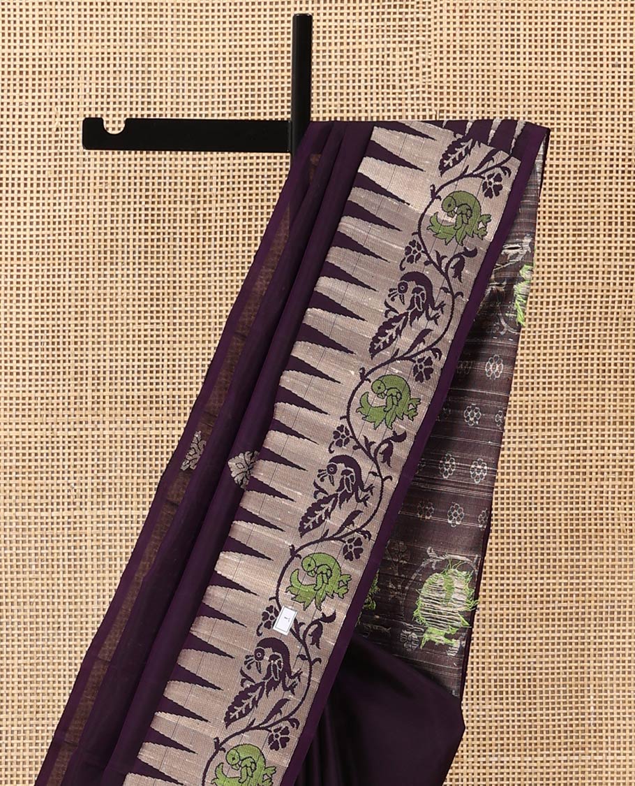 Purple buttas woven soft silk saree, temple border of kodi visiry and mayil designs, and pallu of floral and kodi mayil designs