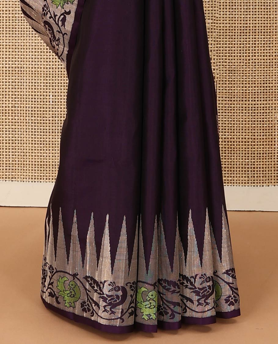 Purple buttas woven soft silk saree, temple border of kodi visiry and mayil designs, and pallu of floral and kodi mayil designs