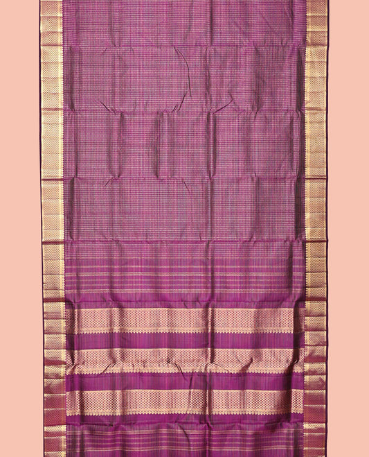 Purple Nine-Yard Silk Saree, Decorated with Muthu Checks, Highlighted by a Zari Border of Thilakam Mokku, and Ara Maadam Design, Pallu of Ara Maadam Designs, and No Blouse
