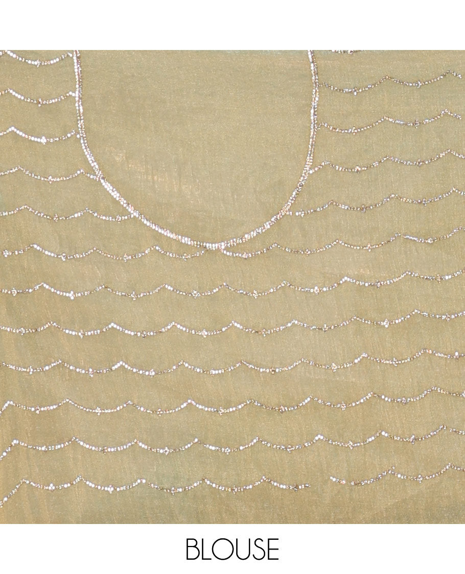 Blue stone work organza saree, contrast dyed border accentuated with micro-stone work, and stone work pallu