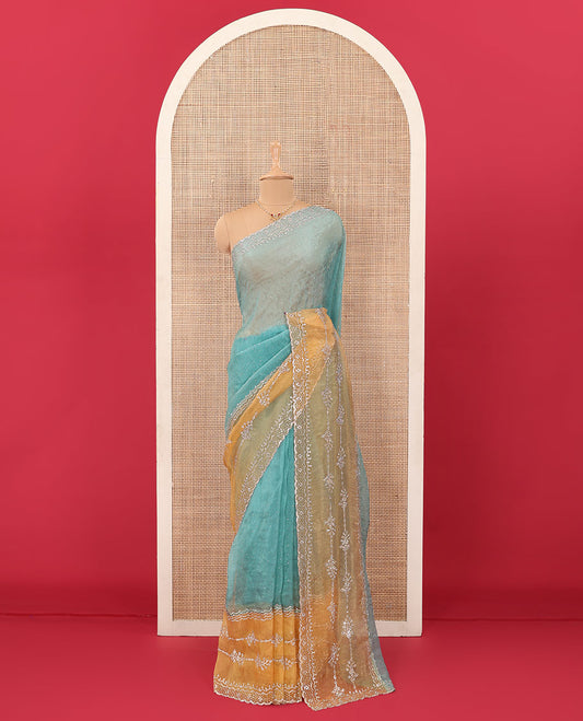 Blue stone work organza saree, contrast dyed border accentuated with micro-stone work, and stone work pallu