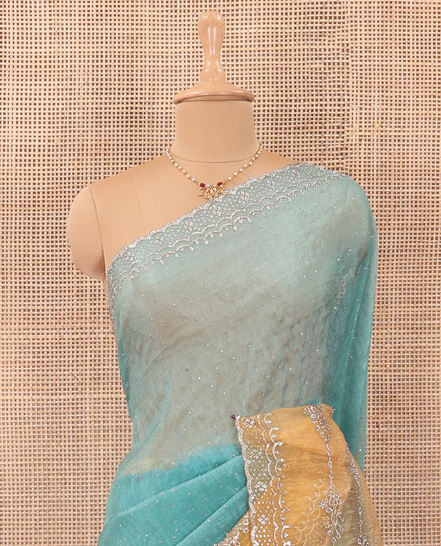 Blue stone work organza saree, contrast dyed border accentuated with micro-stone work, and stone work pallu