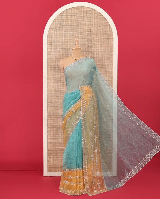 Blue stone work organza saree, contrast dyed border accentuated with micro-stone work, and stone work pallu