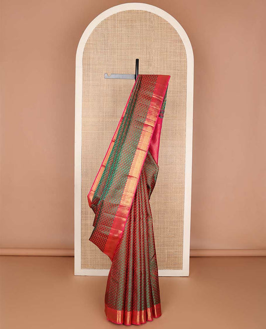 Bottle green geometric design silk saree with contrast border of paun, kathir, thilakam mokku design & floral design pallu