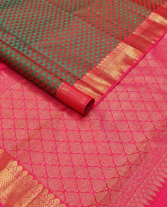 Bottle green geometric design silk saree with contrast border of paun, kathir, thilakam mokku design & floral design pallu