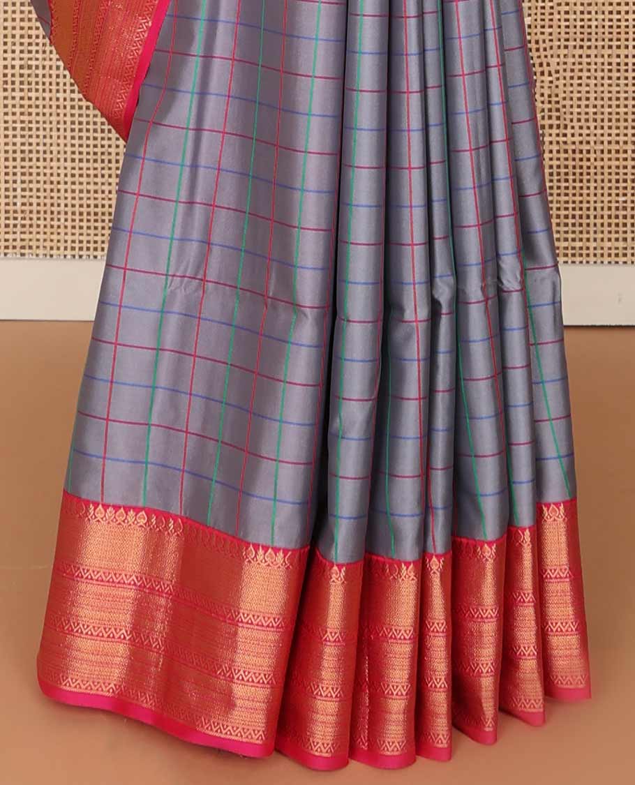 Dark grey checked soft silk saree with contrast zari design border & argyle design pallu