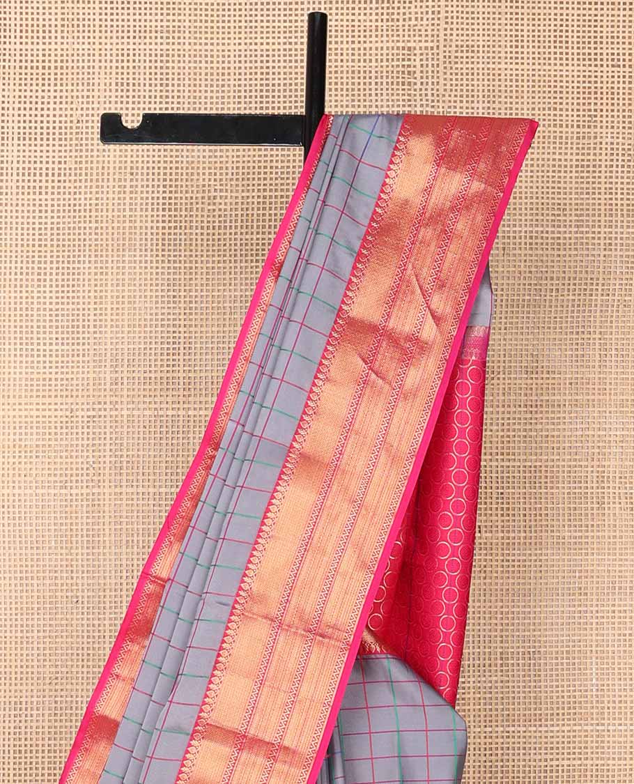 Dark grey checked soft silk saree with contrast zari design border & argyle design pallu