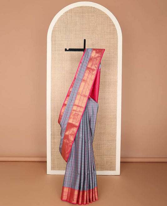 Dark grey checked soft silk saree with contrast zari design border & argyle design pallu