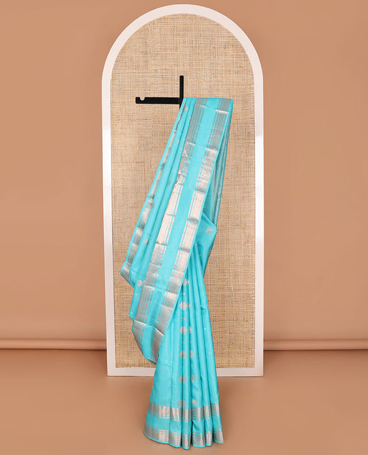 Light blue buttas silk saree with self rettai pettu zari design border & floral jacquard pallu