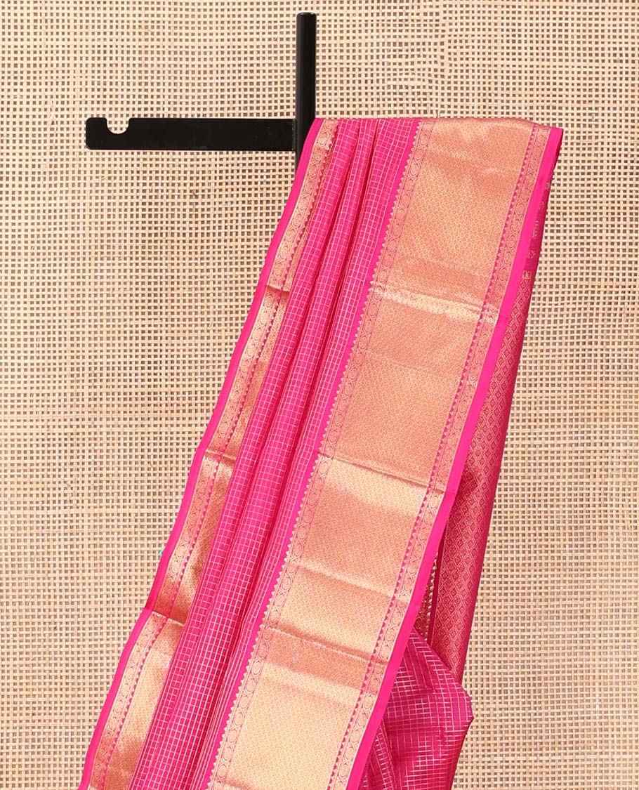 Pink micro-zari checked silk saree, zari border of rekku, kodi visiry, and mayil kann designs, and jaal pallu