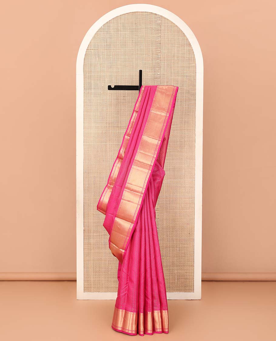 Pink micro-zari checked silk saree, zari border of rekku, kodi visiry, and mayil kann designs, and jaal pallu