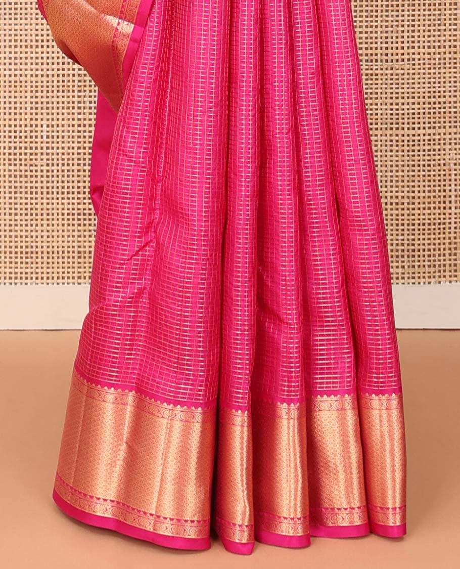 Pink micro-zari checked silk saree, zari border of rekku, kodi visiry, and mayil kann designs, and jaal pallu