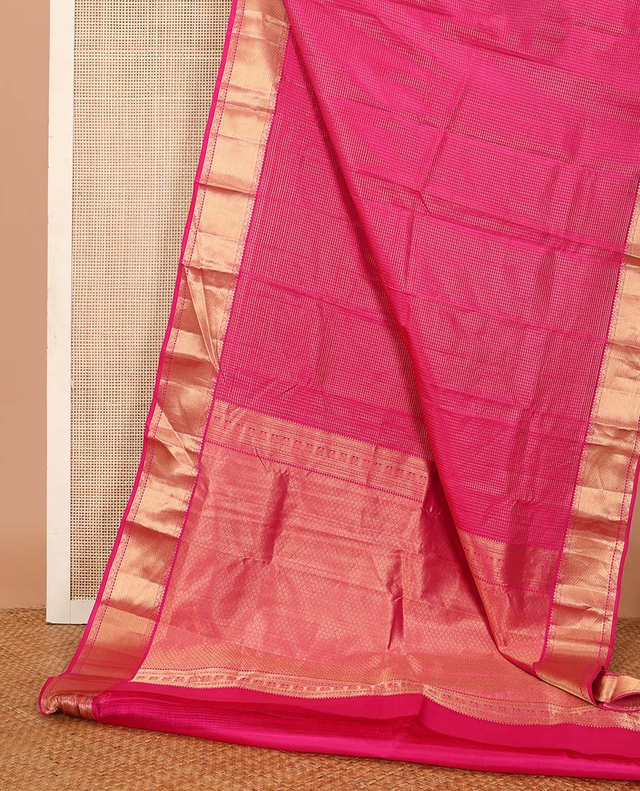 Pink micro-zari checked silk saree, zari border of rekku, kodi visiry, and mayil kann designs, and jaal pallu