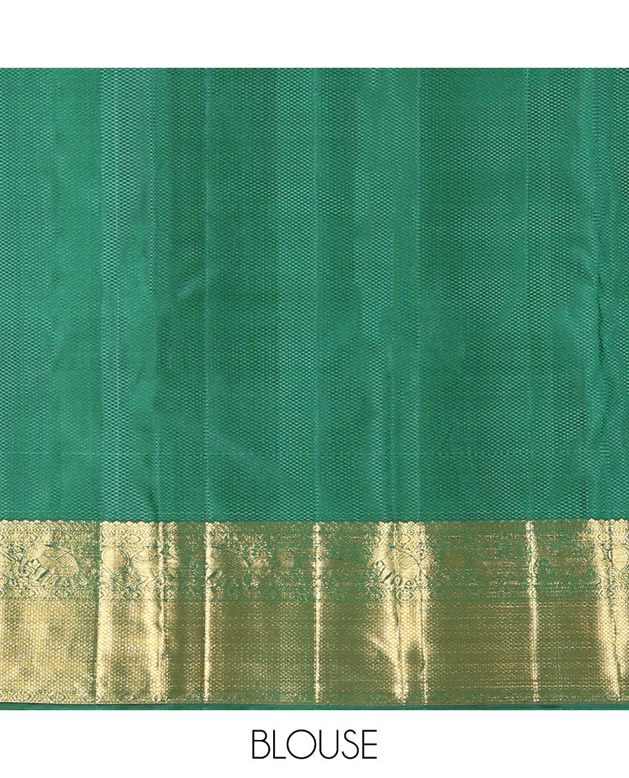 Green zari buttas woven kanchipuram silk saree, zari border of salngai, kamalam, yaali, yaanai, and mayil kann designs, and jaal pallu