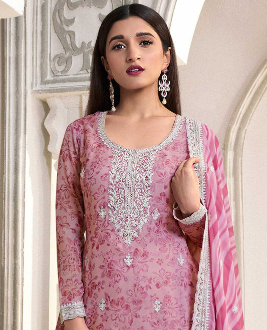 pink  floral printed chudidhar material set floral embroidery top with plain bottom & floral embroidery dupatta