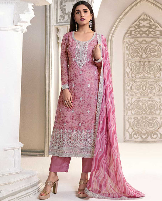 pink  floral printed chudidhar material set floral embroidery top with plain bottom & floral embroidery dupatta