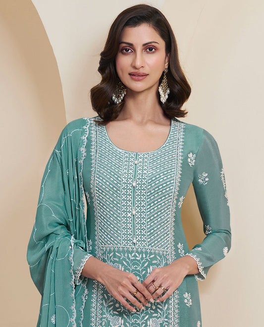 Blue dress material catalouge floral thread embroidery top with plain bottom & floral embroidery scallop border dupatta