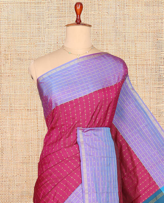 Pink Aarani Gift Saree, Steeped with Buttas on Its Body, Complemented by a Contrast Border of Stripes and Buttas, Pallu of Stripes, and Paired with a Contrast Blouse