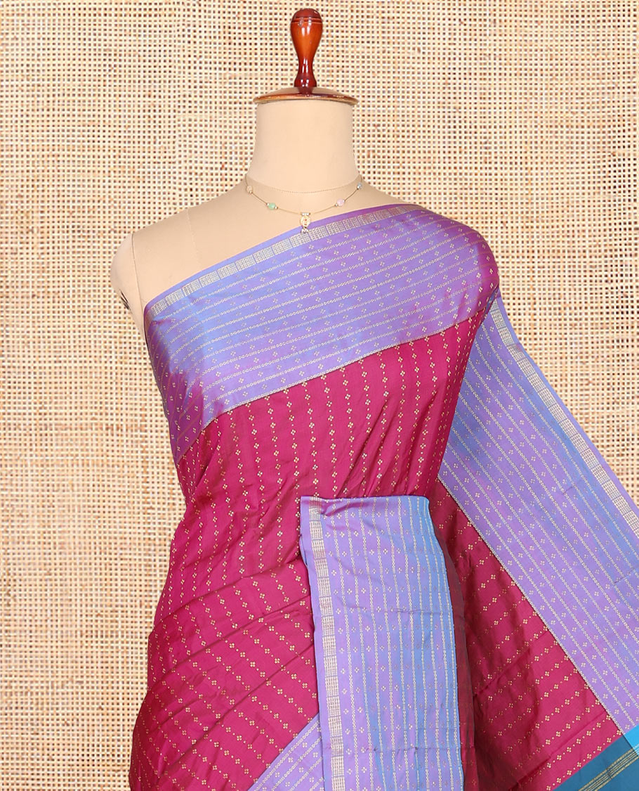 Pink Aarani Gift Saree, Steeped with Buttas on Its Body, Complemented by a Contrast Border of Stripes and Buttas, Pallu of Stripes, and Paired with a Contrast Blouse