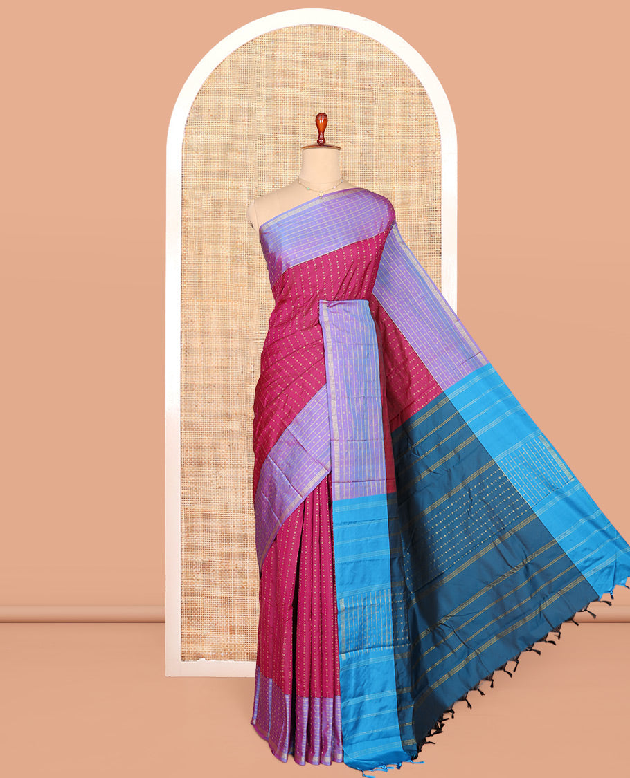 Pink Aarani Gift Saree, Steeped with Buttas on Its Body, Complemented by a Contrast Border of Stripes and Buttas, Pallu of Stripes, and Paired with a Contrast Blouse