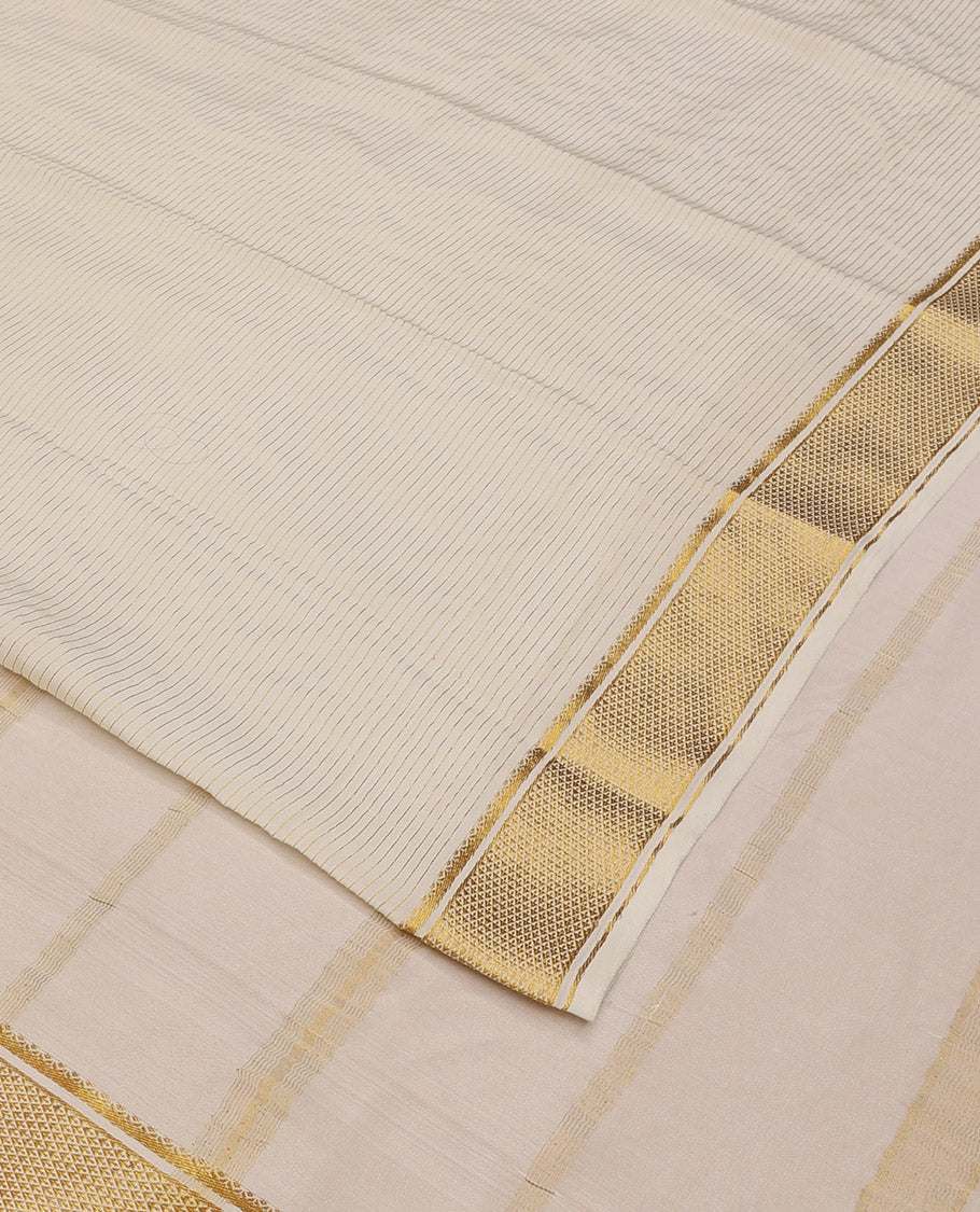 Cream zari striped mysore silksaree, traditional zari border, and zari striped pallu