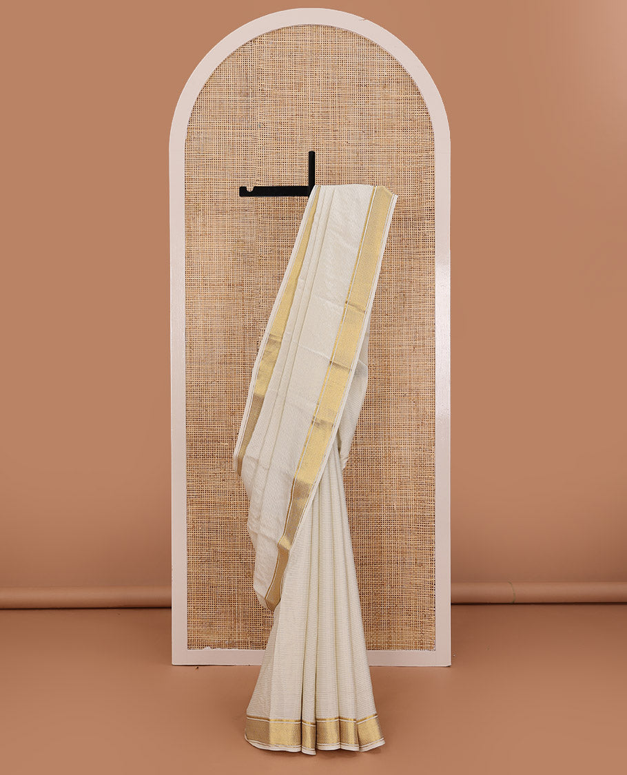 Cream zari striped mysore silksaree, traditional zari border, and zari striped pallu