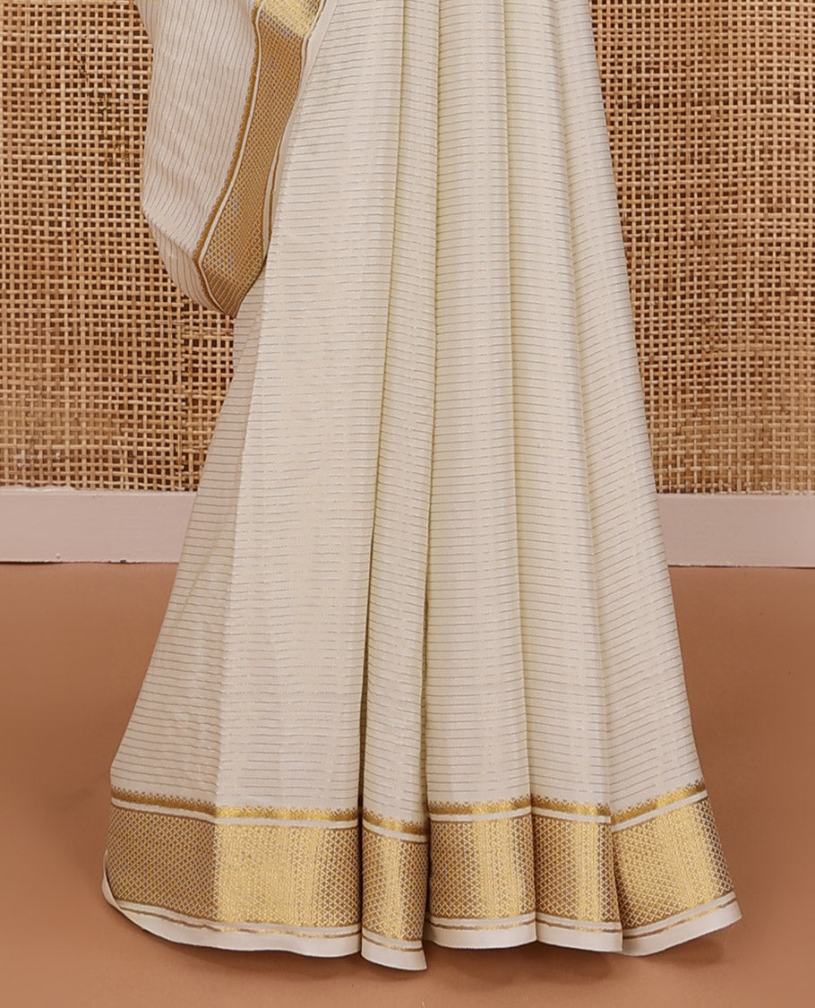 Cream zari striped mysore silksaree, traditional zari border, and zari striped pallu