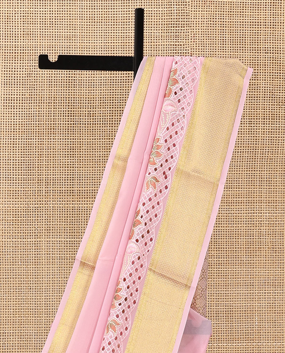 Pink plain satin silk saree, zari border of floral creeper design, and zari rich jaal pattern
