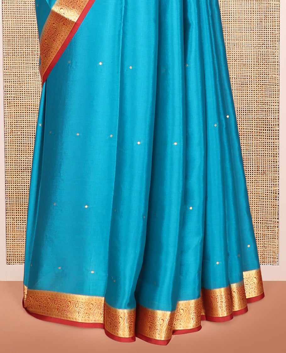 Blue Mysore Silk Saree, Detailed with Buttas, Complemented by a Contrast Traditional Zari Border, Zari Design Pallu, and a Contrast Blouse