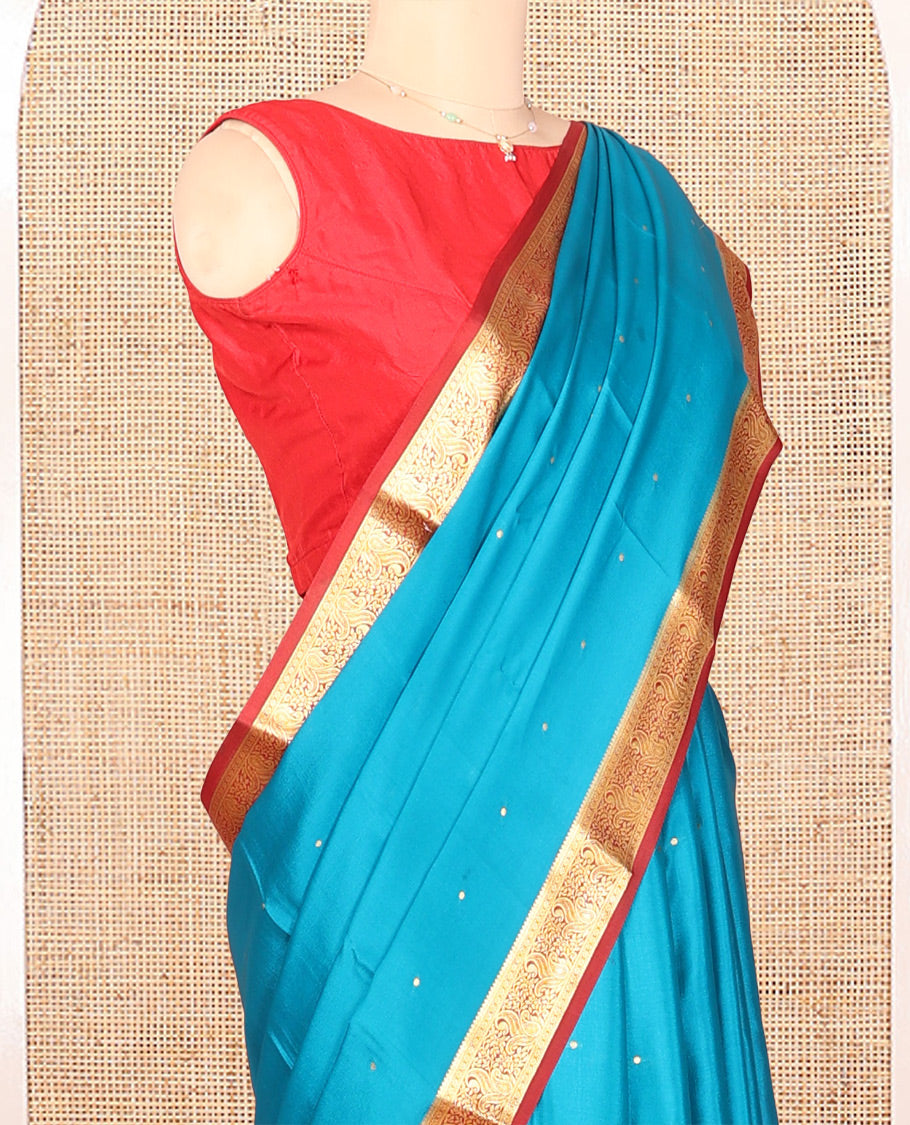 Blue Mysore Silk Saree, Detailed with Buttas, Complemented by a Contrast Traditional Zari Border, Zari Design Pallu, and a Contrast Blouse