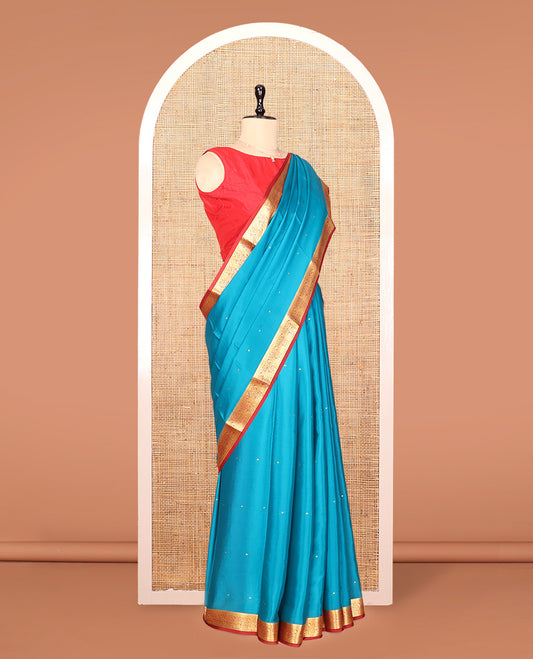Blue Mysore Silk Saree, Detailed with Buttas, Complemented by a Contrast Traditional Zari Border, Zari Design Pallu, and a Contrast Blouse