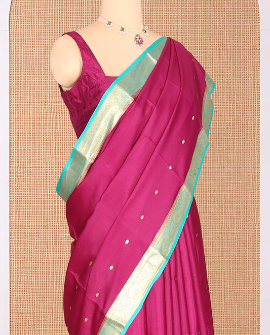 Pink Zari Buttas Mysore Silk Saree, Complemented by a Contrast Traditional Zari Border, Zari Design Pallu, and a Contrast Blouse